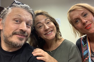 Richard Herring's Leicester Square Theatre Podcast. Image shows from L to R: Richard Herring, Arabella Weir, Bryony Kimmings