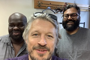 Richard Herring's Leicester Square Theatre Podcast. Image shows from L to R: Daliso Chaponda, Richard Herring, Sunil Patel