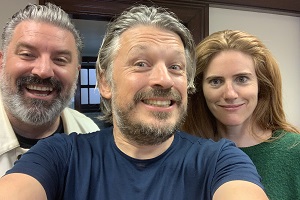 Richard Herring's Leicester Square Theatre Podcast. Image shows from L to R: Rich Wilson, Richard Herring, Sarah Kendall