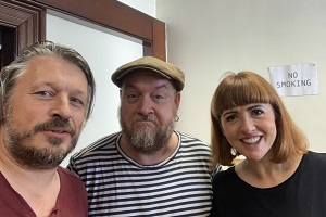 Richard Herring's Leicester Square Theatre Podcast. Image shows from L to R: Richard Herring, George Egg, Cally Beaton
