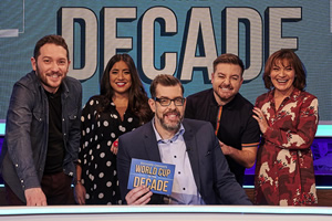 Richard Osman's World Cup Of The Decade. Image shows from L to R: Richard Osman, Rhianna Dhillon, Alex Brooker, Lorraine Kelly. Copyright: Zeppotron