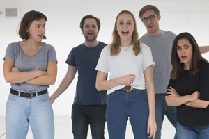 Ricky Whittington rehearsals. Image shows from L to R: Rosa Robson, David Elms, Ellie White, Rob Carter, Emily Lloyd Saini. Copyright: Claire Haigh