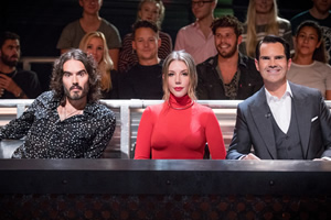 Roast Battle. Image shows from L to R: Russell Brand, Katherine Ryan, Jimmy Carr