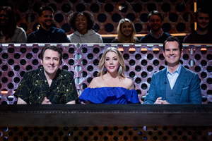 Roast Battle. Image shows from L to R: Jonathan Ross, Katherine Ryan, Jimmy Carr