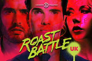 Roast Battle. Image shows from L to R: Russell Brand, Jimmy Carr, Katherine Ryan