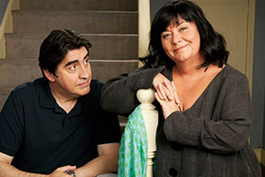 Roger & Val Have Just Got In. Image shows from L to R: Roger Stevenson (Alfred Molina), Val Stevenson (Dawn French). Copyright: BBC Roger & Val Have Just Got In. Image shows from L to R: Roger Stevenson (Alfred Molina), Val Stevenson (Dawn French). Copyright: BBC