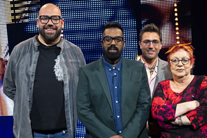 Romesh's Look Back To The Future. Image shows from L to R: Tom Davis, Romesh Ranganathan, Gino D'Acampo, Jo Brand. Copyright: Hungry Bear Media