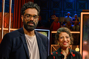 Romesh Ranganathan's Parents' Evening. Image shows left to right: Romesh Ranganathan, Shanthi Ranganathan