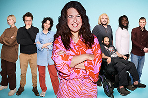 Rosie Jones's Disability Comedy Extravaganza. Image shows left to right: Eryn Tett, Jonny Pelham, Lara Ricote, Rosie Jones, Dean T Beirne, Tim Renkow, Emman Idama, David Eagle