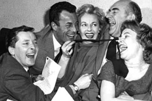 Round The Horne. Image shows left to right: Kenneth Williams, Hugh Paddick, Betty Marsden, Kenneth Horne, June Ellis. Credit: BBC