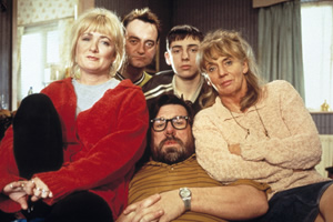 The Royle Family. Image shows from L to R: Denise Royle / Best (Caroline Aherne), Dave Best (Craig Cash), Jim Royle (Ricky Tomlinson), Antony Royle (Ralf Little)