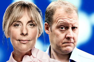 Rum Bunch. Image shows from L to R: Mel Giedroyc, Justin Edwards. Copyright: Top Dog Productions