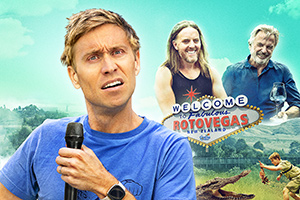 Russell Howard Stands Up To The World. Image shows from L to R: Russell Howard, Tim Minchin, Sam Neill. Copyright: Avalon Television