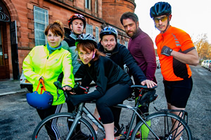 Saddled. Image shows from L to R: Sue (Sally Reid), Francis (Robin Laing), Dawn (Lucianne McEvoy), Mark (Greg McHugh), Jack (Richard Rankin), Brennan (Richard Gadd)