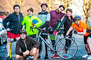 Saddled. Image shows from L to R: Mark (Greg McHugh), Robbie (Gerry McLaughlin), Sue (Sally Reid), Francis (Robin Laing), Jack (Richard Rankin), Dawn (Lucianne McEvoy), Brennan (Richard Gadd)