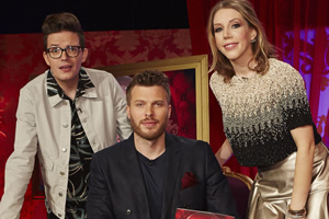 Safeword. Image shows from L to R: David Morgan, Rick Edwards, Katherine Ryan