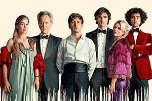 Saltburn. Image shows left to right: Elspeth Catton (Rosamund Pike), Sir James Catton (Richard E. Grant), Oliver Quick (Barry Keoghan), Felix Catton (Jacob Elordi), Venetia Catton (Alison Oliver), Farleigh Start (Archie Madekwe)