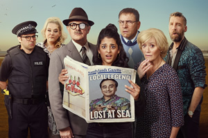 Sandylands. Image shows from L to R: Nathan Wild (Simon Bird), Tina Taylor (Harriet Webb), The One-Eyed man (Hugh Bonneville), Emily Verma (Natalie Dew), Derek Swallows (David Walliams), Jeannie Swallows (Sophie Thompson), Terry Chino (Craig Parkinson). Copyright: King Bert Productions