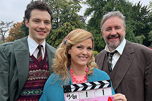 Shakespeare & Hathaway - Private Investigators. Image shows left to right: Sebastian Brudenell (Patrick Walshe McBride), Luella Shakespeare (Jo Joyner), Frank Hathaway (Mark Benton). Credit: BBC Studios