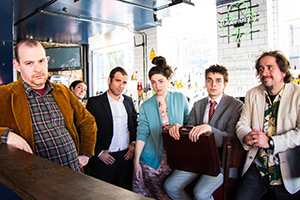 Shambles. Image shows left to right: Harry (Harry Deansway), Lizzie Johnbags (Cassie Atkinson), Brian Legeite (Jody Kamali), Lex (Tamsyn Kelly), Toby (Joz Norris), Greg (Tony Marrese)