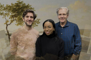 She Stoops To Conquer. Image shows left to right: Marlow (Mathew Baynton), Kate Hardcastle (Pippa Bennett-Warner), Mr Hardcastle (Robert Bathurst). Credit: BBC