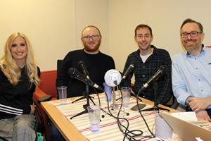 Sitcom Geeks. Image shows from L to R: Marie McDonald, Alan Irwin, Marc McElroy, James Cary