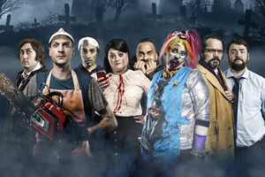 Sky Arts Halloween Comedy Shorts. Image shows from L to R: Ross Noble, Steen Raskopoulos, Jamie Demetriou, Kiri Pritchard-McLean, Guz Khan, Jayde Adams, Matthew Holness, Jason Manford