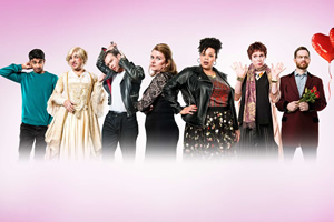 Sky Arts Valentines Comedy Shorts. Image shows from L to R: Rich (Paul G Raymond), Mr Swallow (Nick Mohammed), Dandy (Ashley Horne), Rosie (Rosie Cavaliero), Donna (Desiree Burch), Anna Mann (Colin Hoult), Niall (Liam Williams)