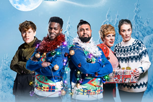 Sky Christmas Comedy Shorts 2017. Image shows from L to R: James Acaster, Kyle (Mo Gilligan), Saj (Humza Arshad), Sue Tuke (Selina Mosinski), Vicky McClure