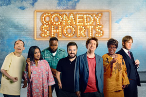 Sky Comedy Shorts 2018. Image shows from L to R: Mark (Lee Ridley), Preeti (Sindhu Vee), Maleek (Samson Kayo), Alex (Alex Brooker), Jonny (Jonny Pelham), Ann (Susan Wokoma), Max Bartlett (Kris Marshall)