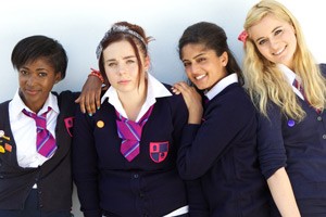 Some Girls. Image shows from L to R: Viva (Adelayo Adedayo), Holli (Natasha Jonas), Saz (Mandeep Dhillon), Amber (Alice Felgate). Copyright: Hat Trick Productions