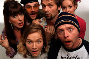 Spaced. Image shows from L to R: Marsha Klein (Julia Deakin), Mike Watt (Nick Frost), Daisy Steiner (Jessica Hynes), Brian Topp (Mark Heap), Tim Bisley (Simon Pegg), Twist Morgan (Katy Carmichael)