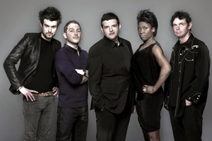 Stand Up For The Week. Image shows from L to R: Jack Whitehall, Jon Richardson, Kevin Bridges, Andi Osho, Rich Hall. Copyright: Open Mike Productions