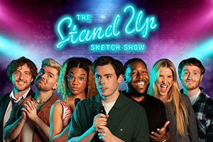 The Stand Up Sketch Show. Image shows left to right: Seann Walsh, Christopher Hall, Kemah Bob, Rhys James, Aurie Styla, Gabby Bryan, Ali Woods