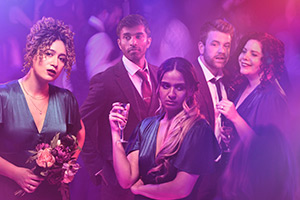 Starstruck. Image shows left to right: Jessie (Rose Matafeo), Tom (Nikesh Patel), Shivani (Ambreen Razia), Steve (Nic Sampson), Sarah (Lola-Rose Maxwell)