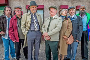 Still Game. Image shows from L to R: Boabby (Gavin Mitchell), Winston Ingram (Paul Riley), Victor McDade (Greg Hemphill), Jack Jarvis (Ford Kiernan), Isa Drennan (Jane McCarry), Tam Mullen (Mark Cox), Navid Harrid (Sanjeev Kohli)