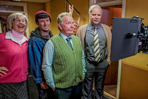 Still Game. Image shows from L to R: Isa Drennan (Jane McCarry), Pete The Jakey (Jake D'Arcy), Jack Jarvis (Ford Kiernan), Victor McDade (Greg Hemphill)