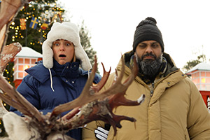 Stuffed. Image shows left to right: Hannah (Morgana Robinson), Arslan Farooqi (Guz Khan). Credit: Janne-Pekka Manninen