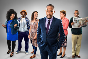 Sunny D. Image shows from L to R: Kadean (Gbemisola Ikumelo), Stefan (David Ajao), Nicola (Sasha Frost), Dane (Dane Baptiste), Gloria (Liz Hume-Dawson), Lawrence (Don Warrington). Copyright: BBC