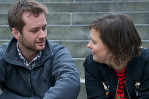 Super November. Image shows from L to R: Mikey (Sean Biggerstaff), Josie (Josie Long)