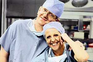 Surgical Spirit. Image shows left to right: Jonathan Haslam (Duncan Preston), Sheila Sabatini (Nichola McAuliffe). Credit: Humphrey Barclay Productions