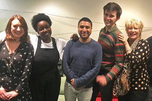 Sweats. Image shows from L to R: Lucy (Sarah Daykin), Kate (Lolly Adefope), Jake (Nick Mohammed), Frankie (Kieran Hodgson), Aunt Lois (Alison Steadman). Copyright: BBC