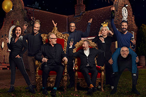 Taskmaster. Image shows from L to R: Shirley Ballas, John Hannah, Greg Davies, Krishnan Guru-Murthy, Alex Horne, Nicola Coughlan, Rylan Clark-Neal. Copyright: Avalon Television