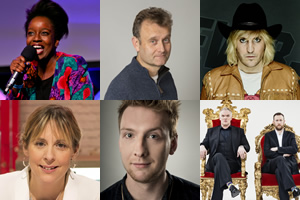 Taskmaster Series 4. Image shows from L to R: Lolly Adefope, Mel Giedroyc, Hugh Dennis, Joe Lycett, Noel Fielding, Greg Davies, Alex Horne