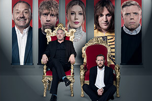 Taskmaster. Image shows from L to R: Bob Mortimer, Josh Widdicombe, Greg Davies, Katherine Ryan, Alex Horne, Noel Fielding, Rob Beckett. Copyright: Avalon Television