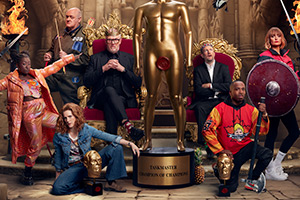 Taskmaster. Image shows left to right: Sophie Duker, Dara O Briain, Sarah Kendall, Greg Davies, Alex Horne, Kiell Smith-Bynoe, Morgana Robinson