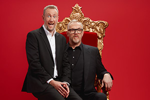 Taskmaster. Image shows left to right: Alex Horne, Greg Davies