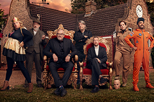 Taskmaster. Image shows from L to R: Daisy May Cooper, Johnny Vegas, Greg Davies, Richard Herring, Alex Horne, Katherine Parkinson, Mawaan Rizwan. Copyright: Avalon Television