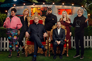 Taskmaster. Image shows from L to R: Desiree Burch, Morgana Robinson, Greg Davies, Guz Khan, Alex Horne, Victoria Coren Mitchell, Alan Davies. Copyright: Avalon Television