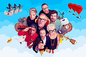 Taskmaster. Image shows left to right: Kiell Smith-Bynoe, Mae Martin, Greg Davies, Alex Horne, Frankie Boyle, Jenny Eclair, Ivo Graham